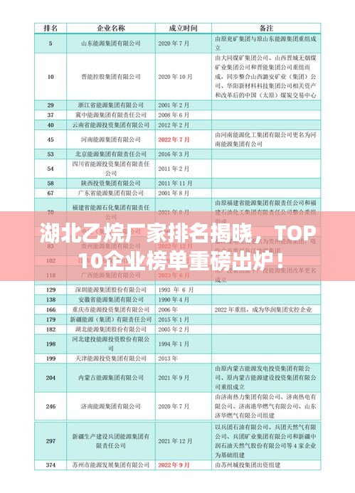 湖北乙烷厂家排名揭晓，TOP 10企业榜单重磅出炉！